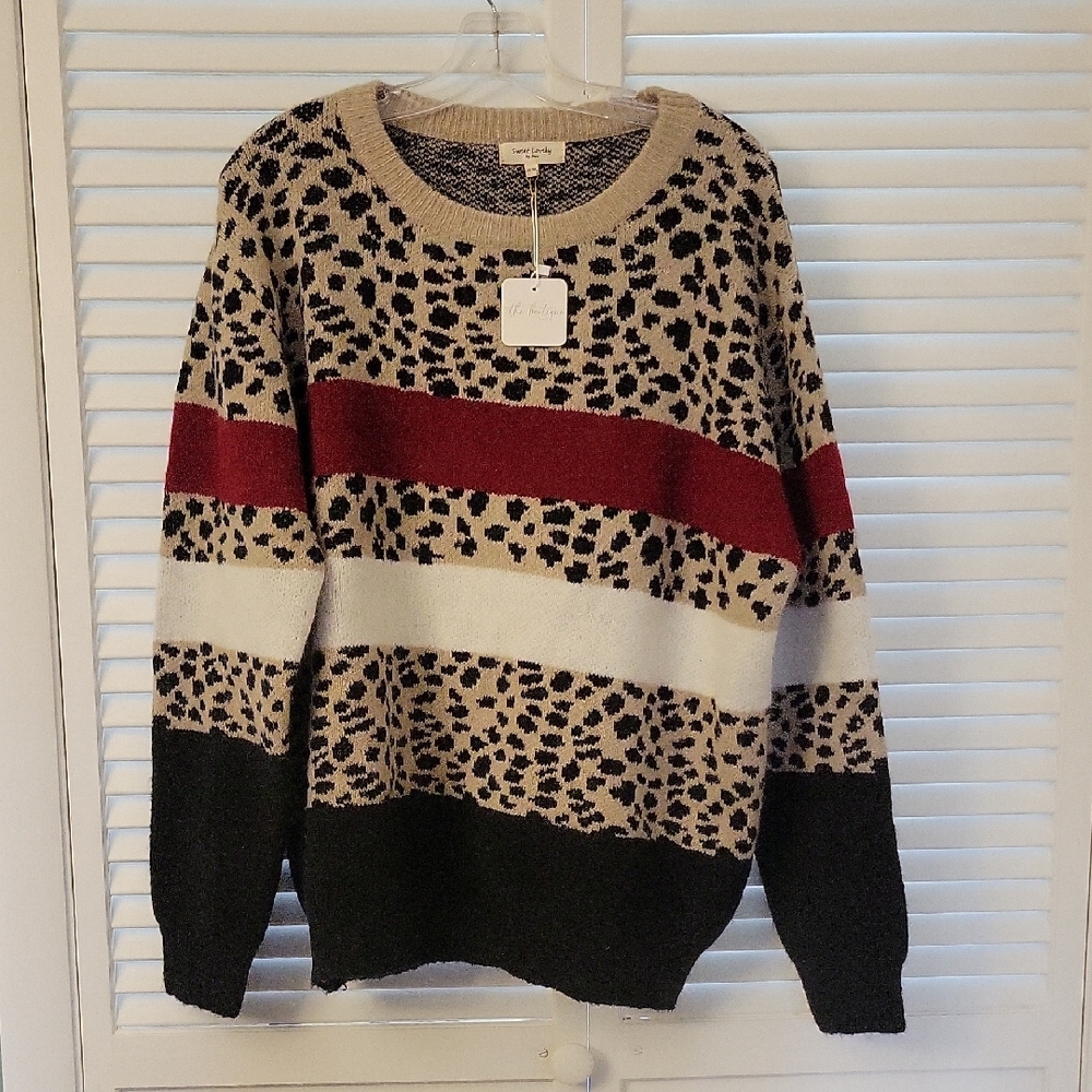 Red and Black Crew Neck Sweater with Leopard Print